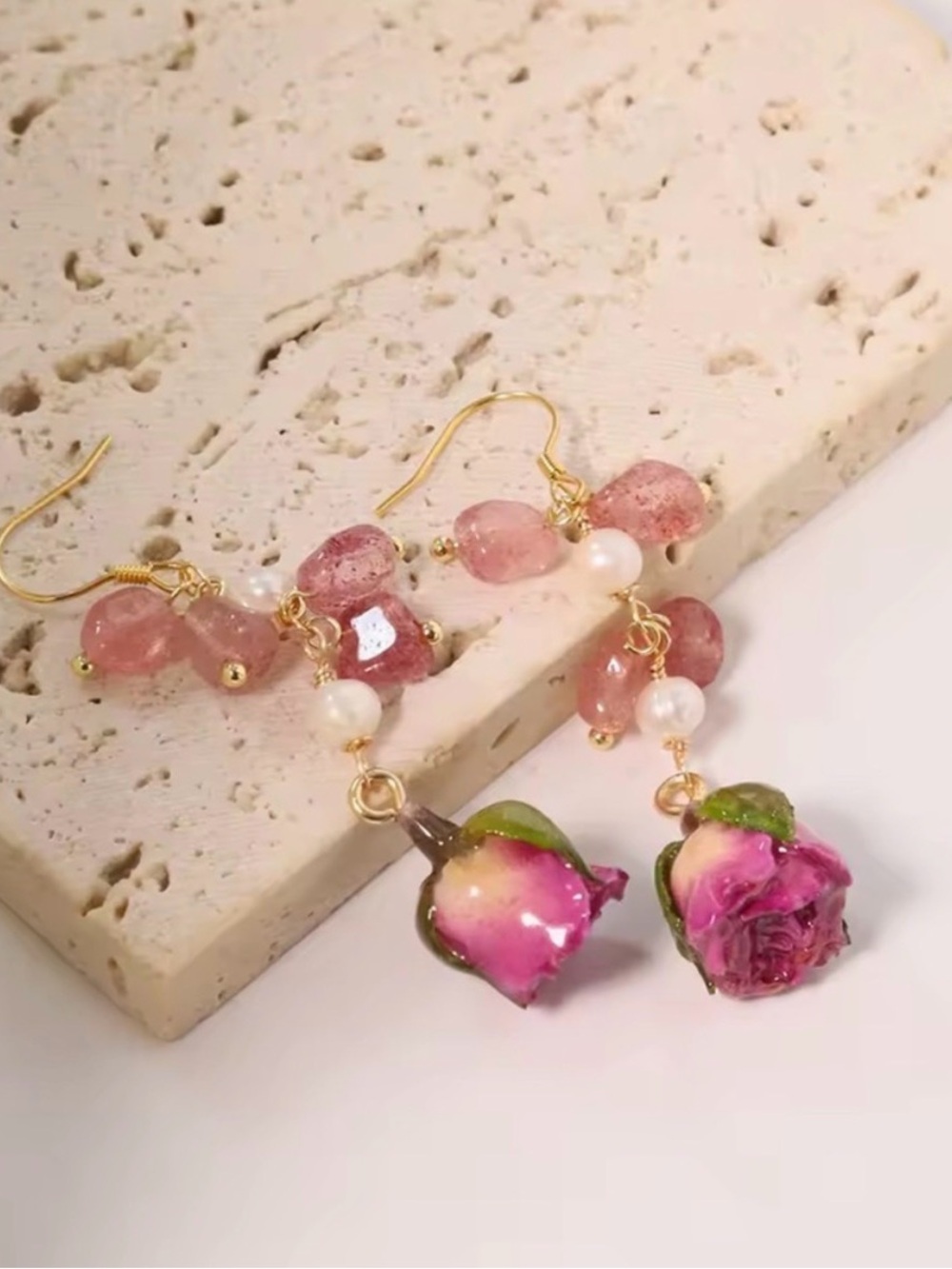 Pink Rosebud Drop Earrings Romantic Boho Style